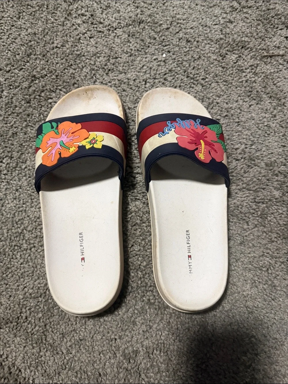 Tommy Hilfiger White Slide Sandals with Navy, Red & Floral Strap